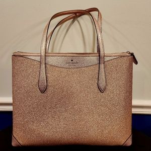 Kate Spade Shimmy Glitter Rose Gold Leather Top Zip Tote